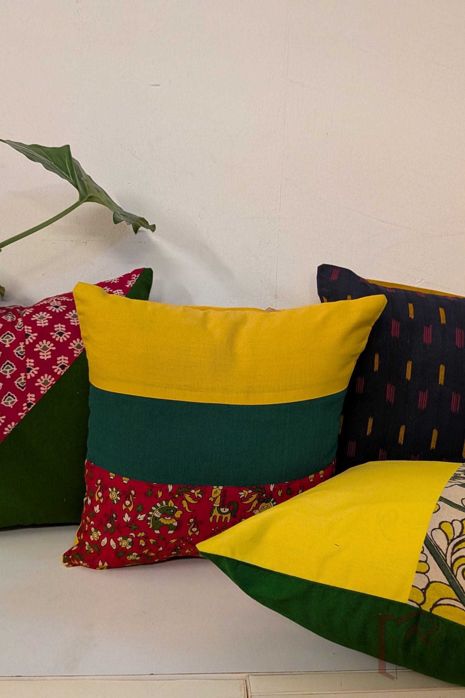 Cozy Cushion: Red Printed Horse and Leaf Vine Cotton Cushion Cover 12" x 12" - Image 3