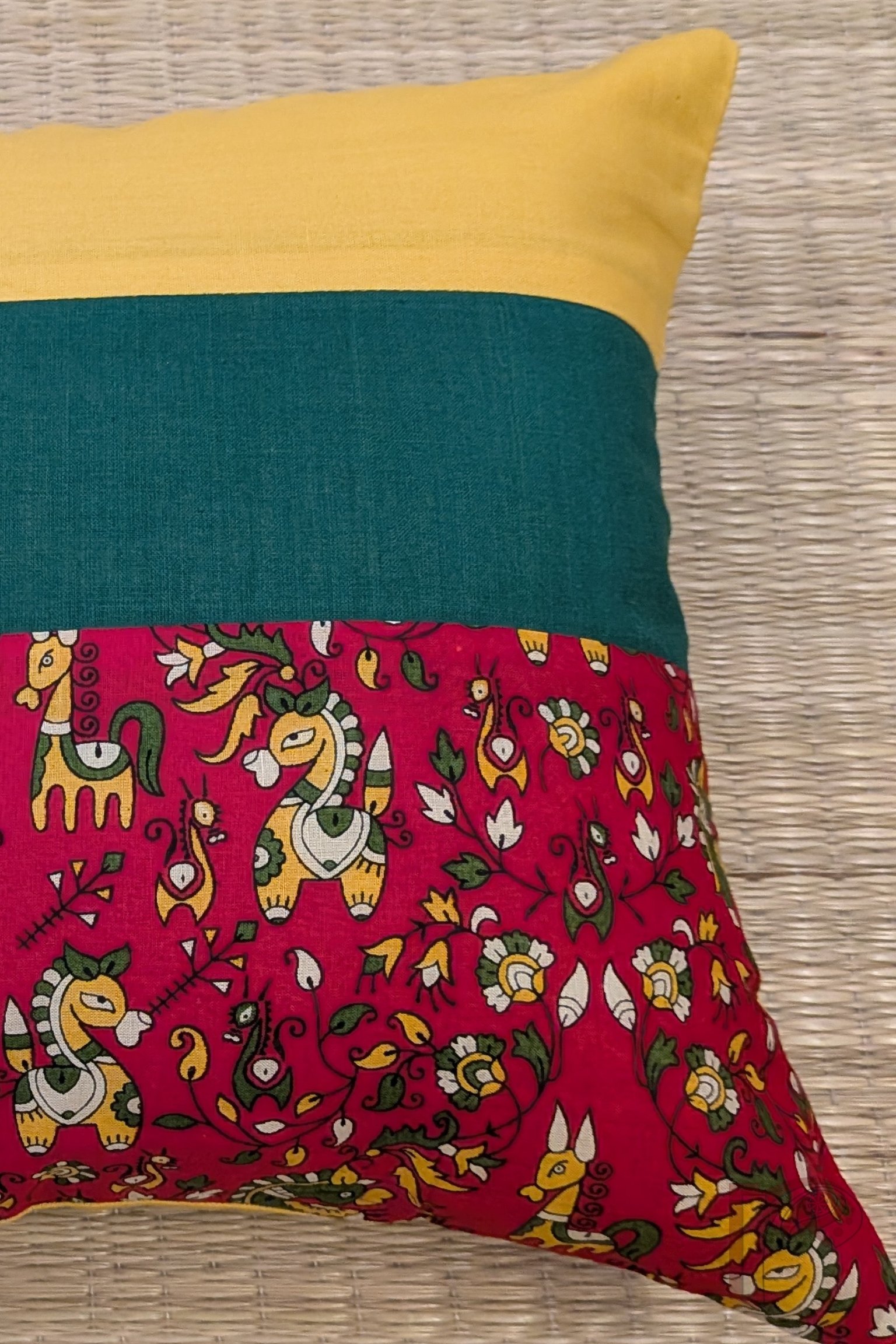 Cozy Cushion: Red Printed Horse and Leaf Vine Cotton Cushion Cover 12" x 12" - Image 5