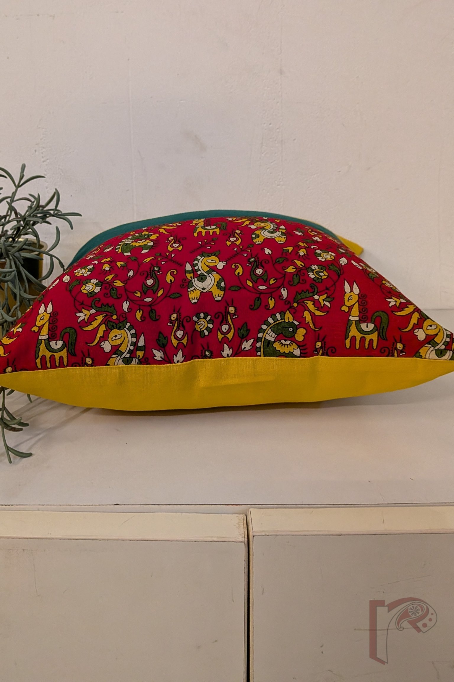 Cozy Cushion: Red Printed Horse and Leaf Vine Cotton Cushion Cover 12" x 12" - Image 6