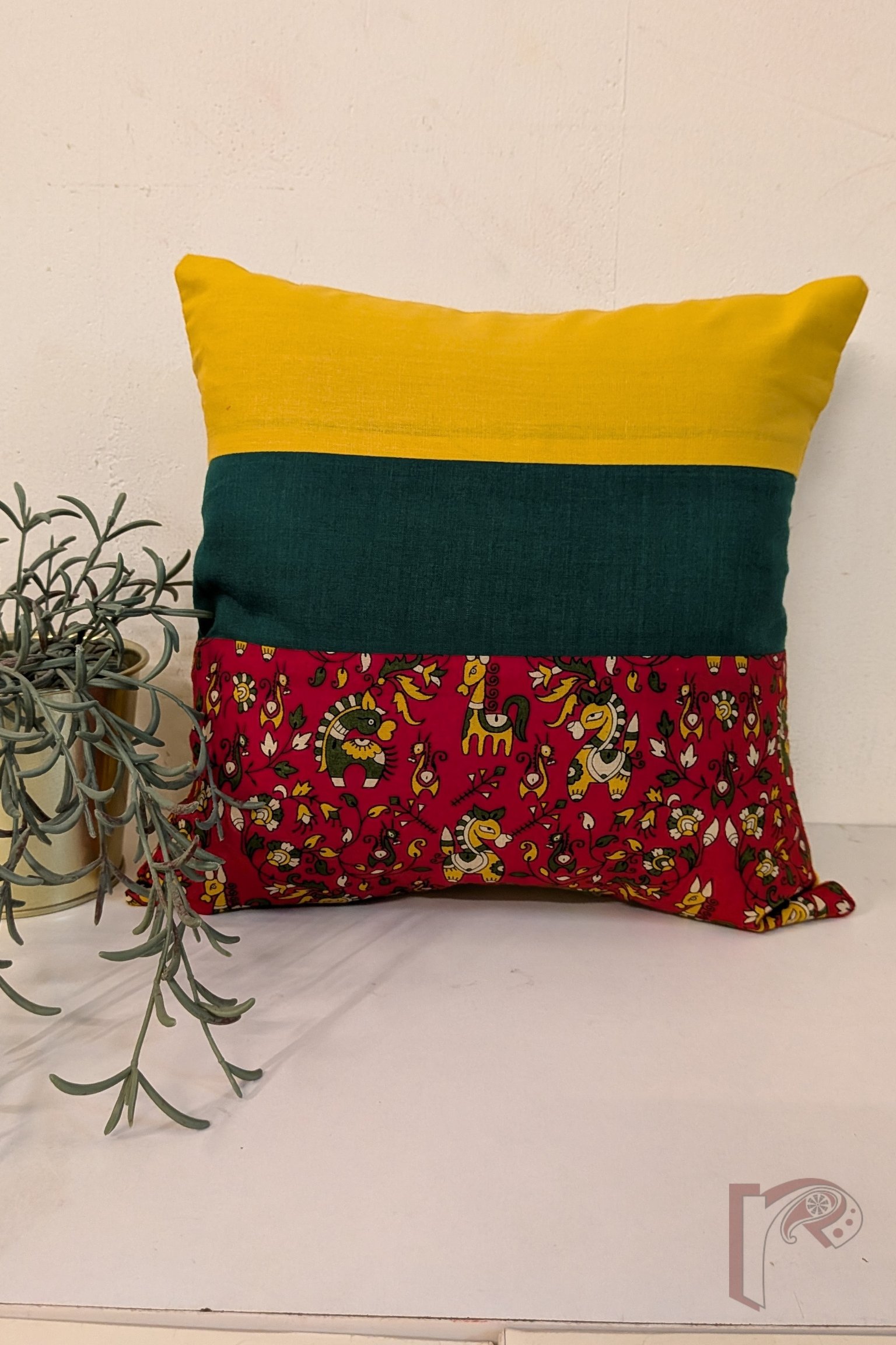 Cozy Cushion: Red Printed Horse and Leaf Vine Cotton Cushion Cover 12" x 12"