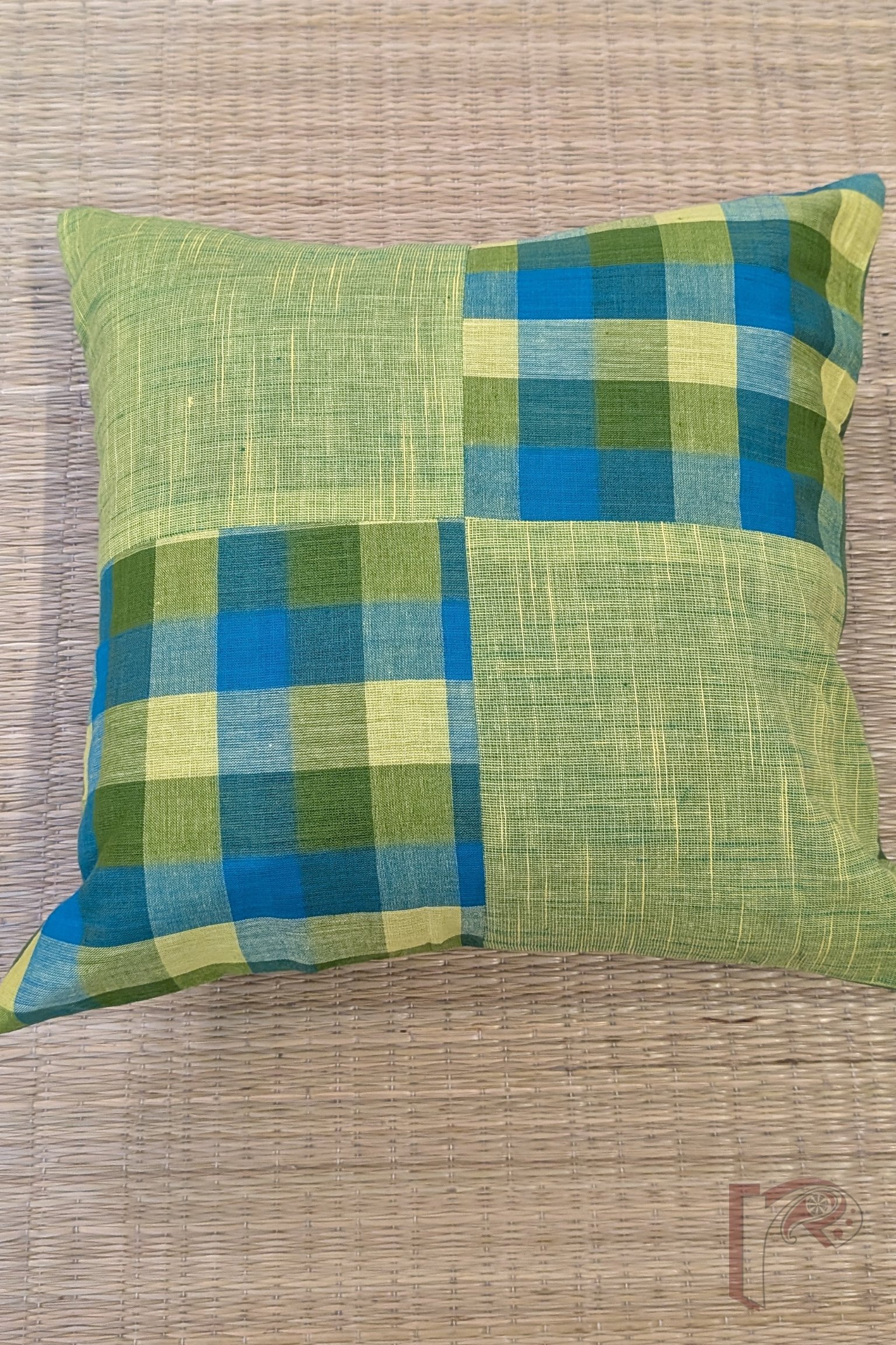 Cozy Cushion: Lime Green Shaded Mangalgiri with Blue and Green Check Box Pattern Cotton Cushion Cover 12" x 12" - Image 2