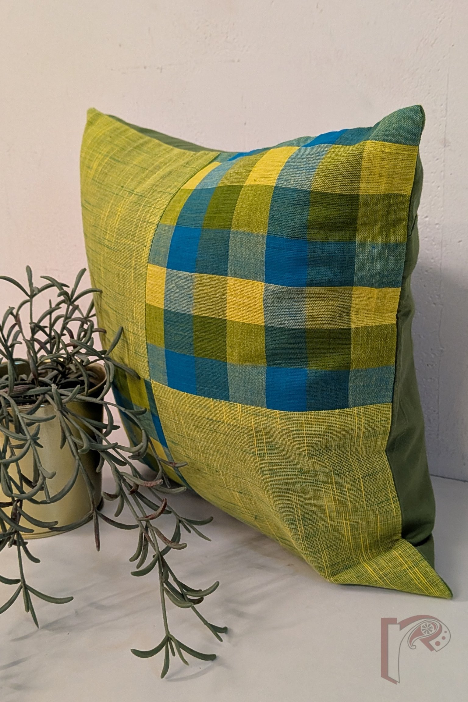 Cozy Cushion: Lime Green Shaded Mangalgiri with Blue and Green Check Box Pattern Cotton Cushion Cover 12" x 12" - Image 3