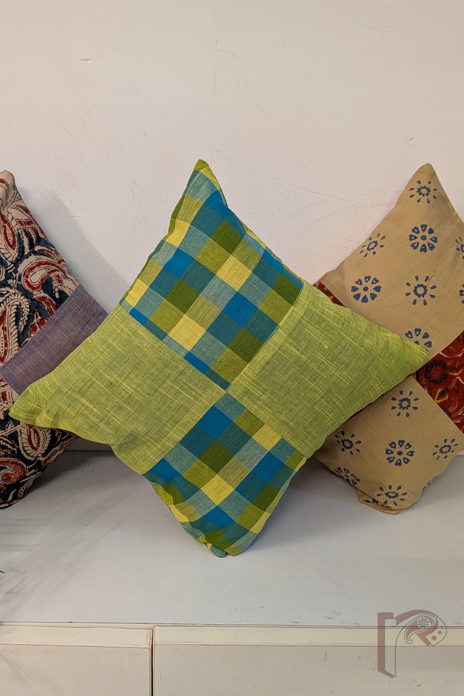 Cozy Cushion: Lime Green Shaded Mangalgiri with Blue and Green Check Box Pattern Cotton Cushion Cover 12" x 12" - Image 4