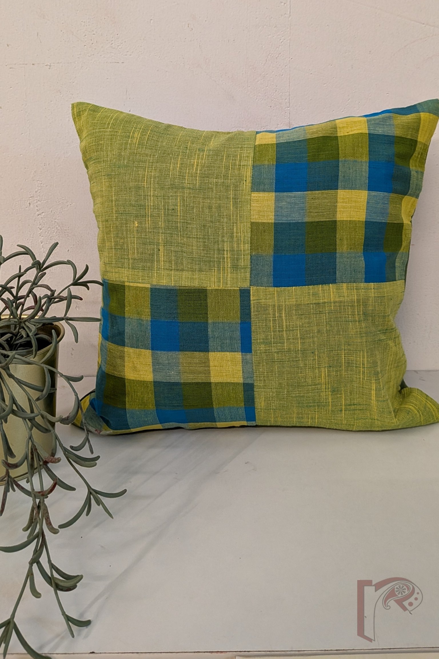 Cozy Cushion: Lime Green Shaded Mangalgiri with Blue and Green Check Box Pattern Cotton Cushion Cover 12" x 12"