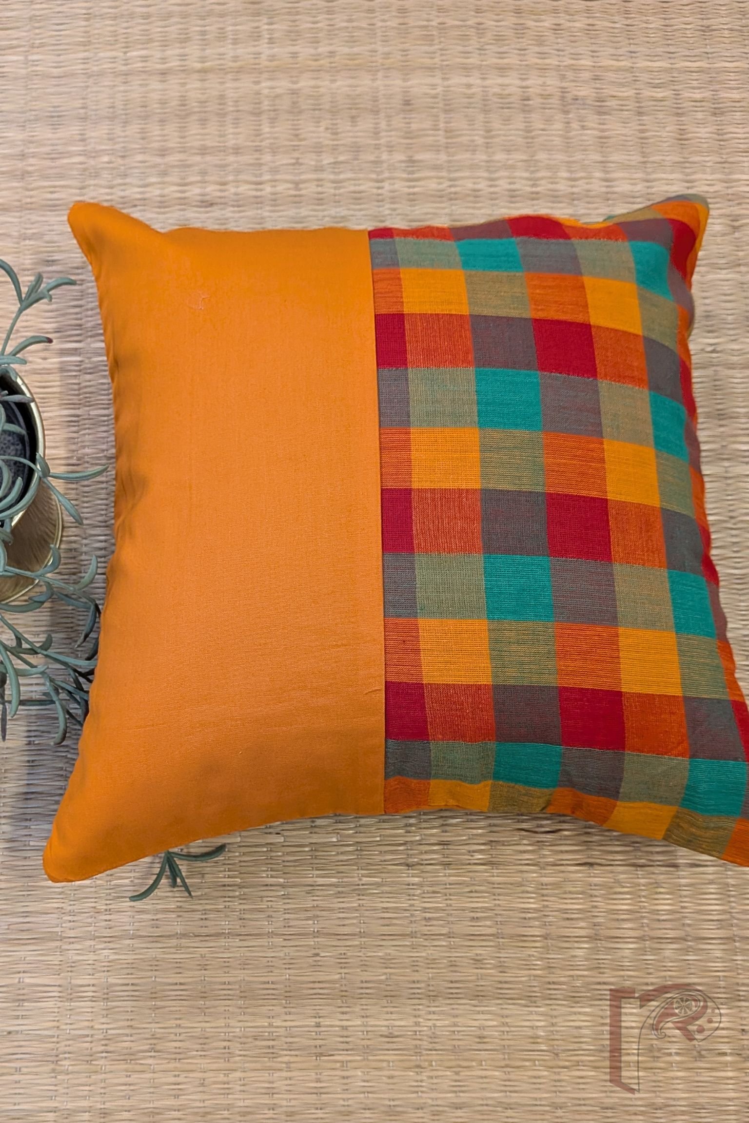 Cozy Cushion: Orange Cotton with Red and Green Check Box Pattern Mangalgiri Cushion Cover 12" x 12" - Image 2