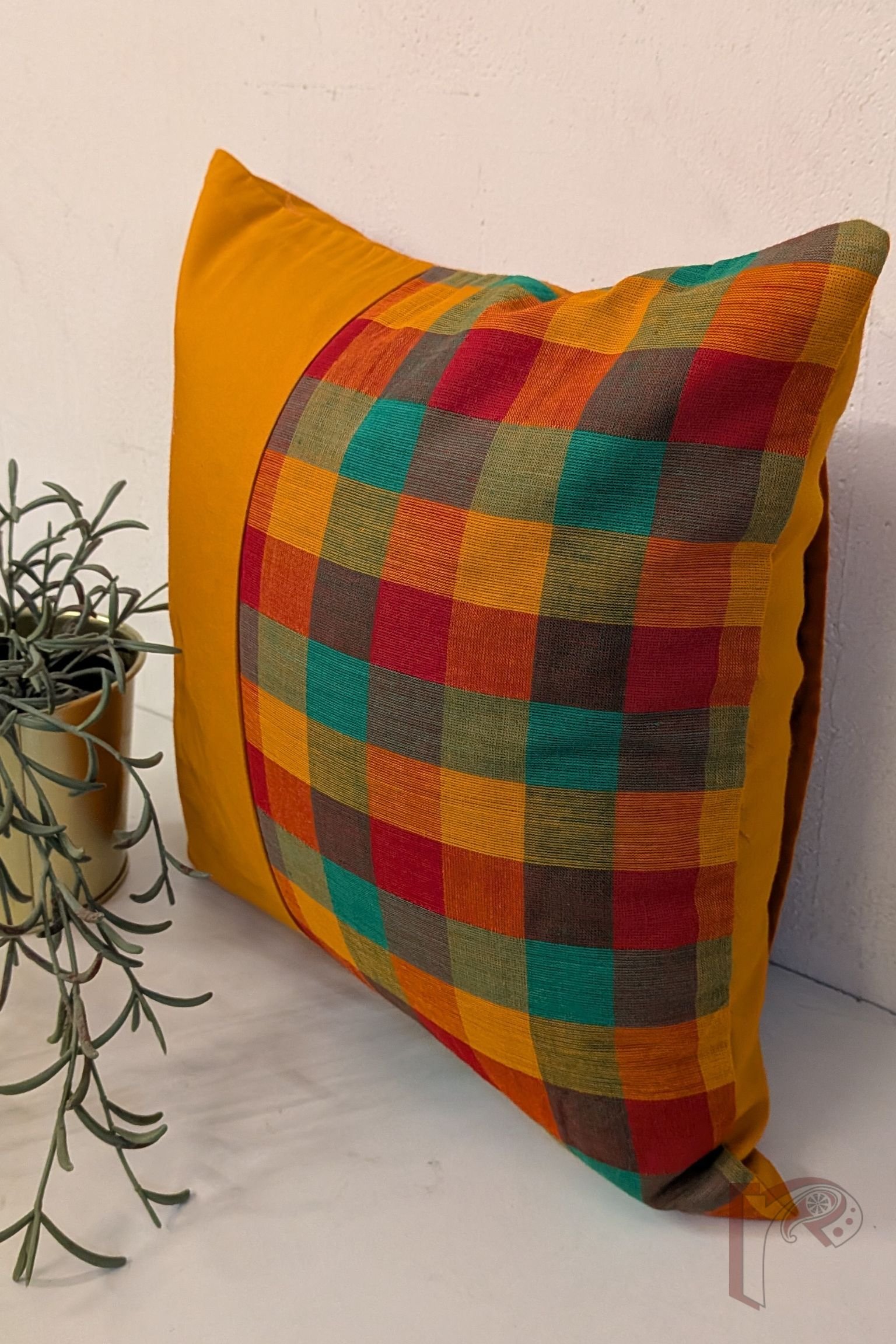 Cozy Cushion: Orange Cotton with Red and Green Check Box Pattern Mangalgiri Cushion Cover 12" x 12" - Image 3