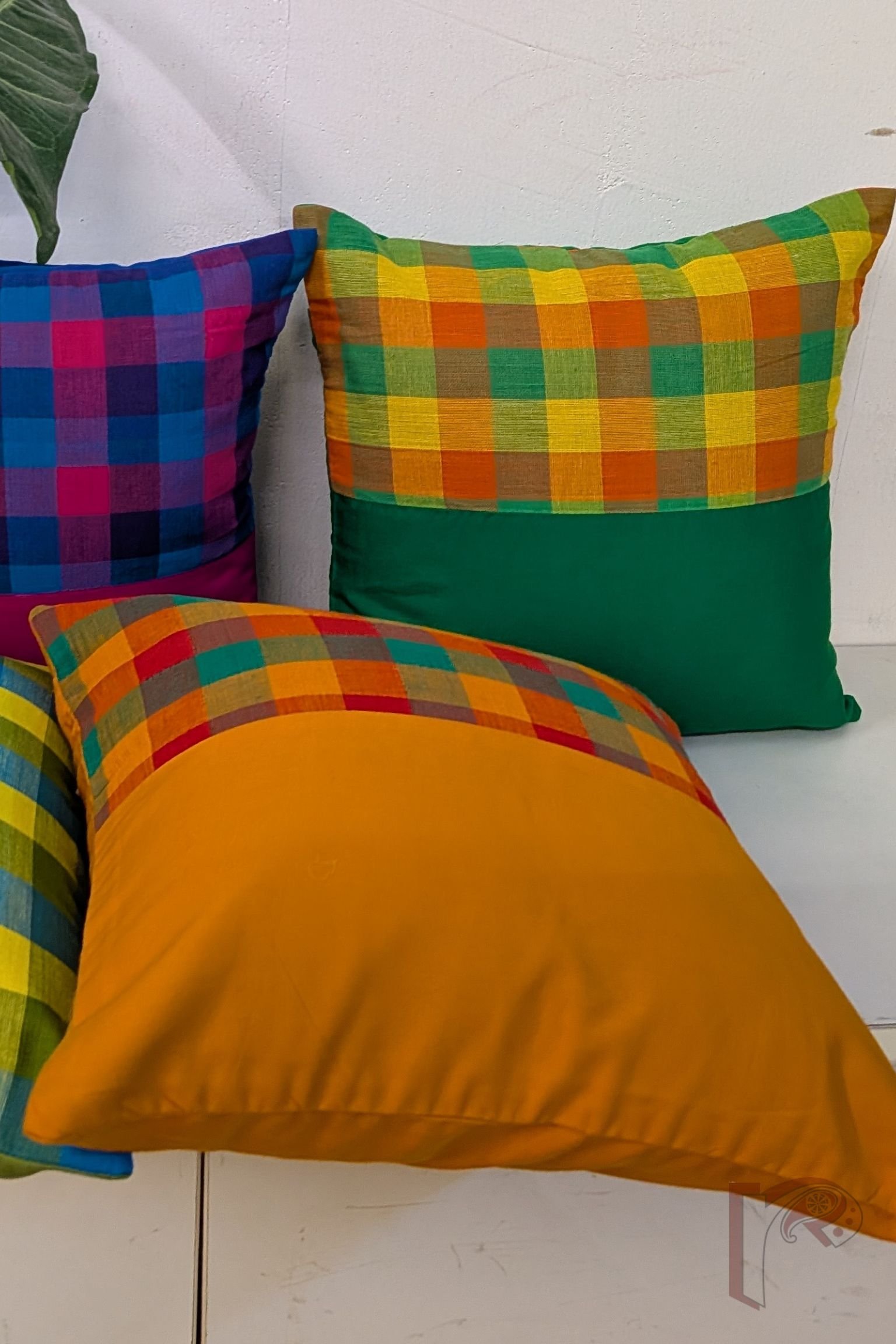 Cozy Cushion: Orange Cotton with Red and Green Check Box Pattern Mangalgiri Cushion Cover 12" x 12" - Image 4