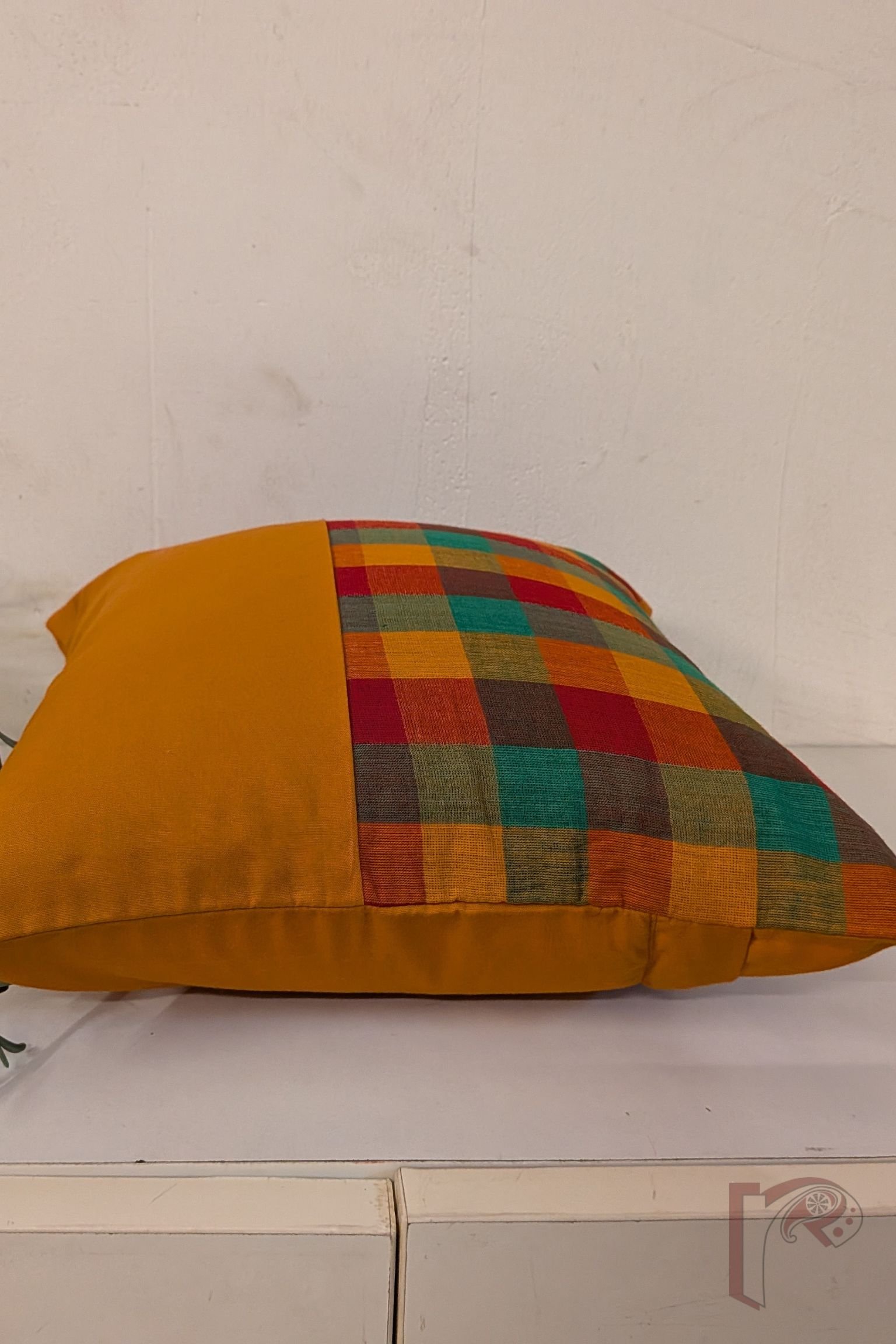 Cozy Cushion: Orange Cotton with Red and Green Check Box Pattern Mangalgiri Cushion Cover 12" x 12" - Image 5