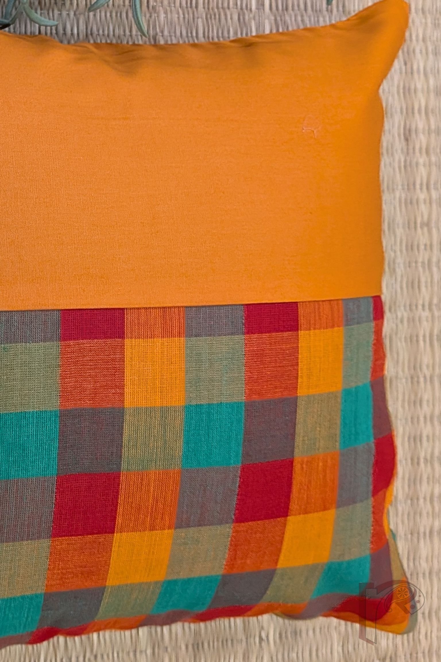 Cozy Cushion: Orange Cotton with Red and Green Check Box Pattern Mangalgiri Cushion Cover 12" x 12" - Image 6