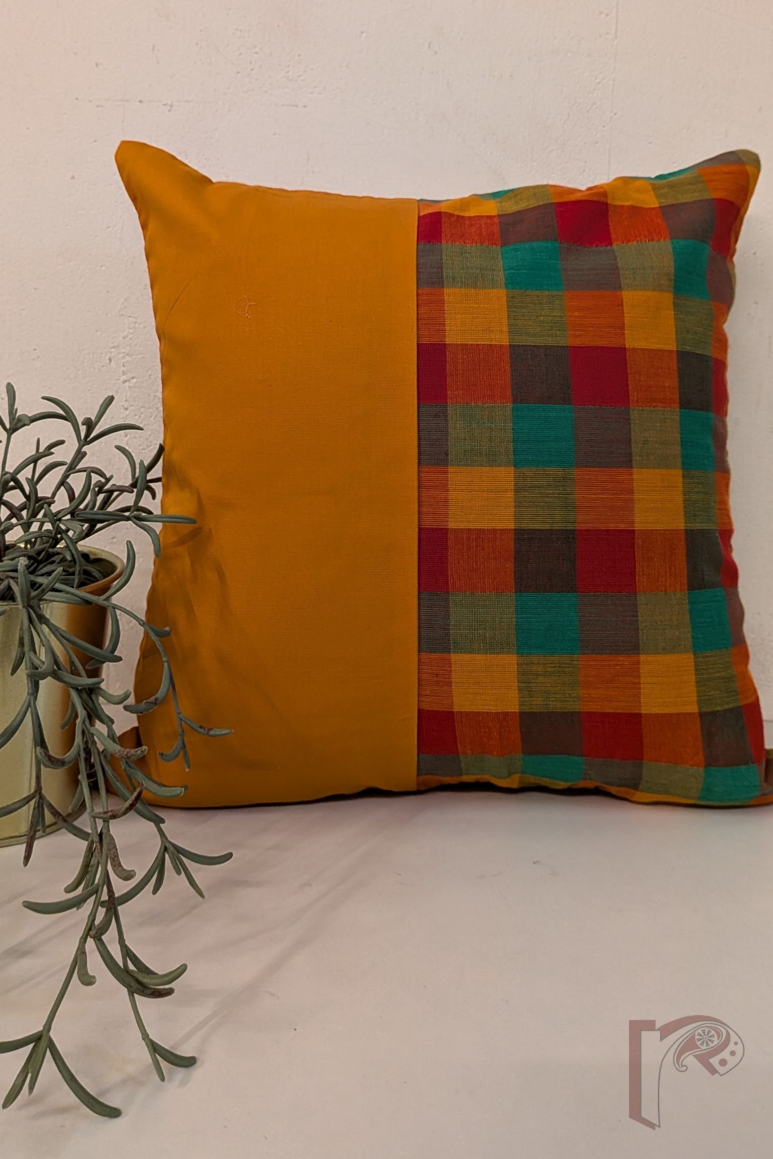 Cozy Cushion: Orange Cotton with Red and Green Check Box Pattern Mangalgiri Cushion Cover 12" x 12"