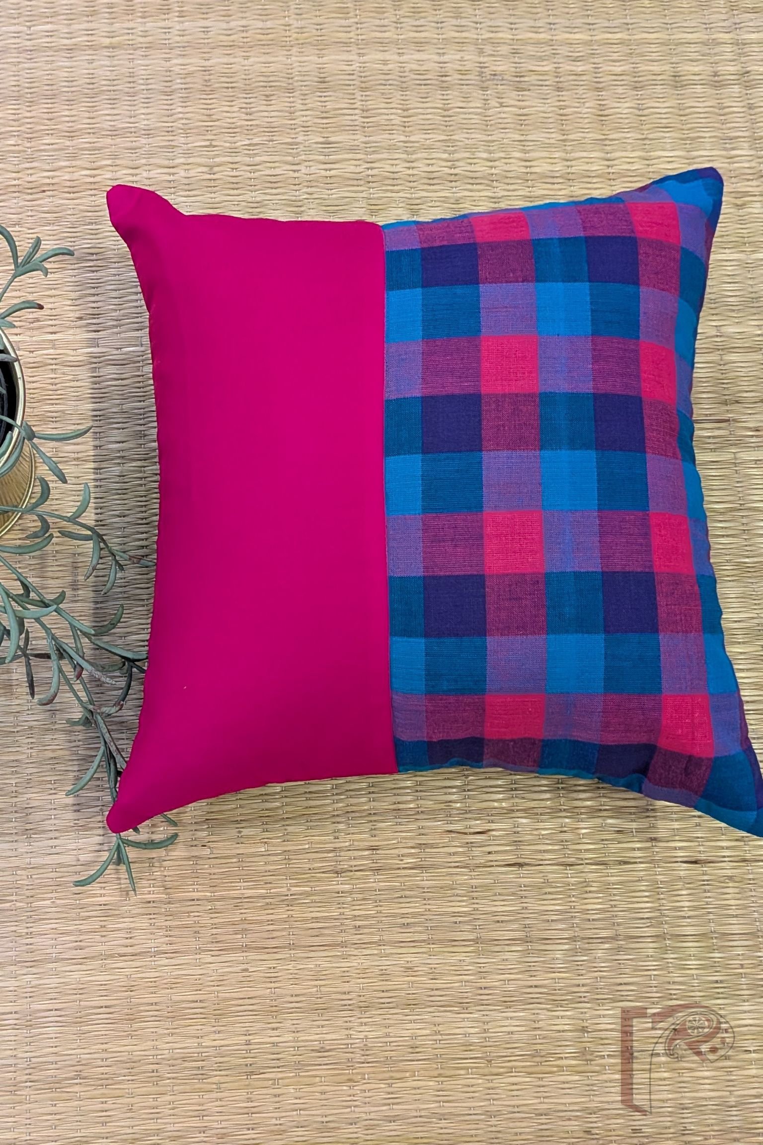Cozy Cushion: Hot Pink Cotton with Blue and Pink Check Box Pattern Mangalgiri Cushion Cover 12" x 12" - Image 2