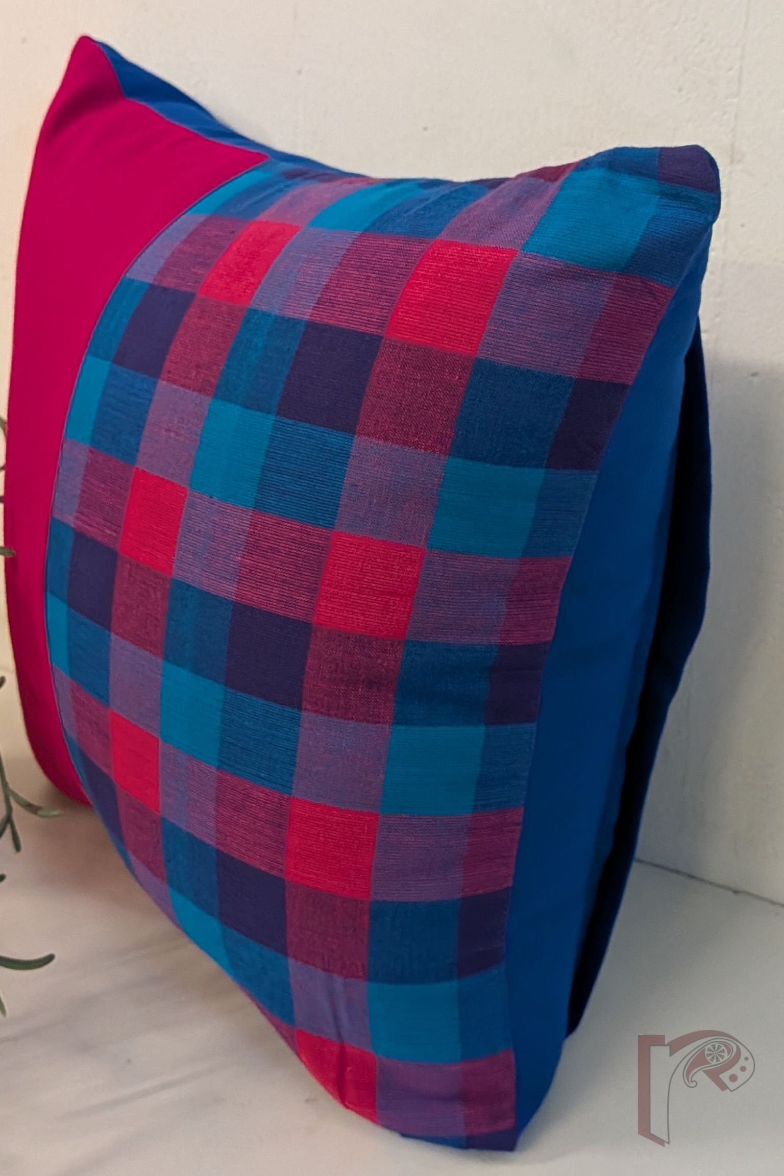 Cozy Cushion: Hot Pink Cotton with Blue and Pink Check Box Pattern Mangalgiri Cushion Cover 12" x 12" - Image 3