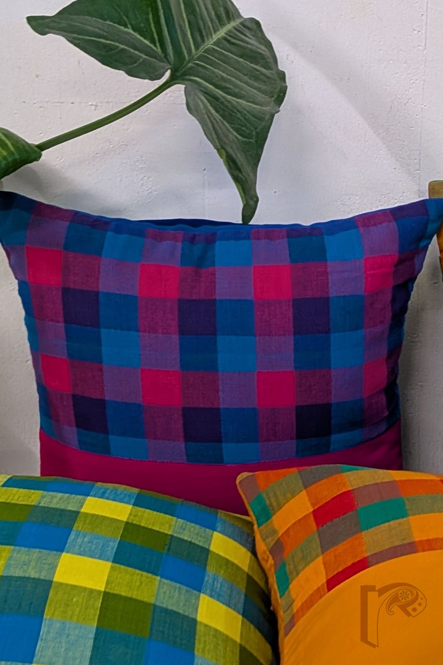 Cozy Cushion: Hot Pink Cotton with Blue and Pink Check Box Pattern Mangalgiri Cushion Cover 12" x 12" - Image 4