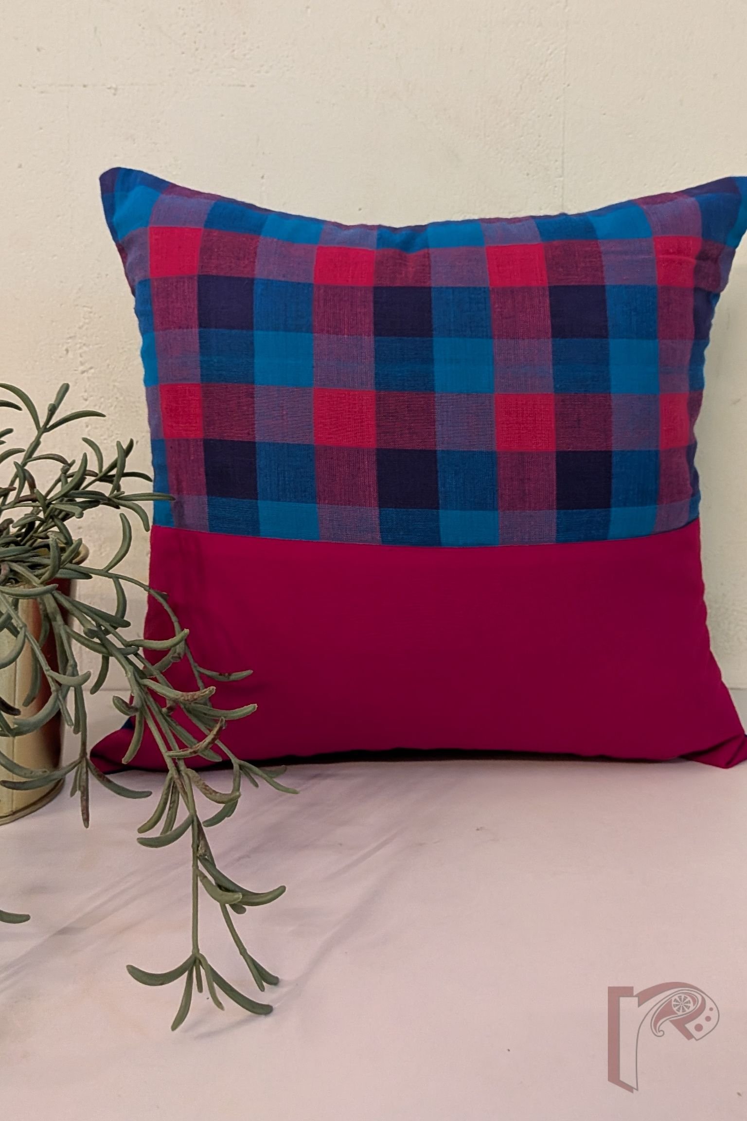 Cozy Cushion: Hot Pink Cotton with Blue and Pink Check Box Pattern Mangalgiri Cushion Cover 12" x 12"