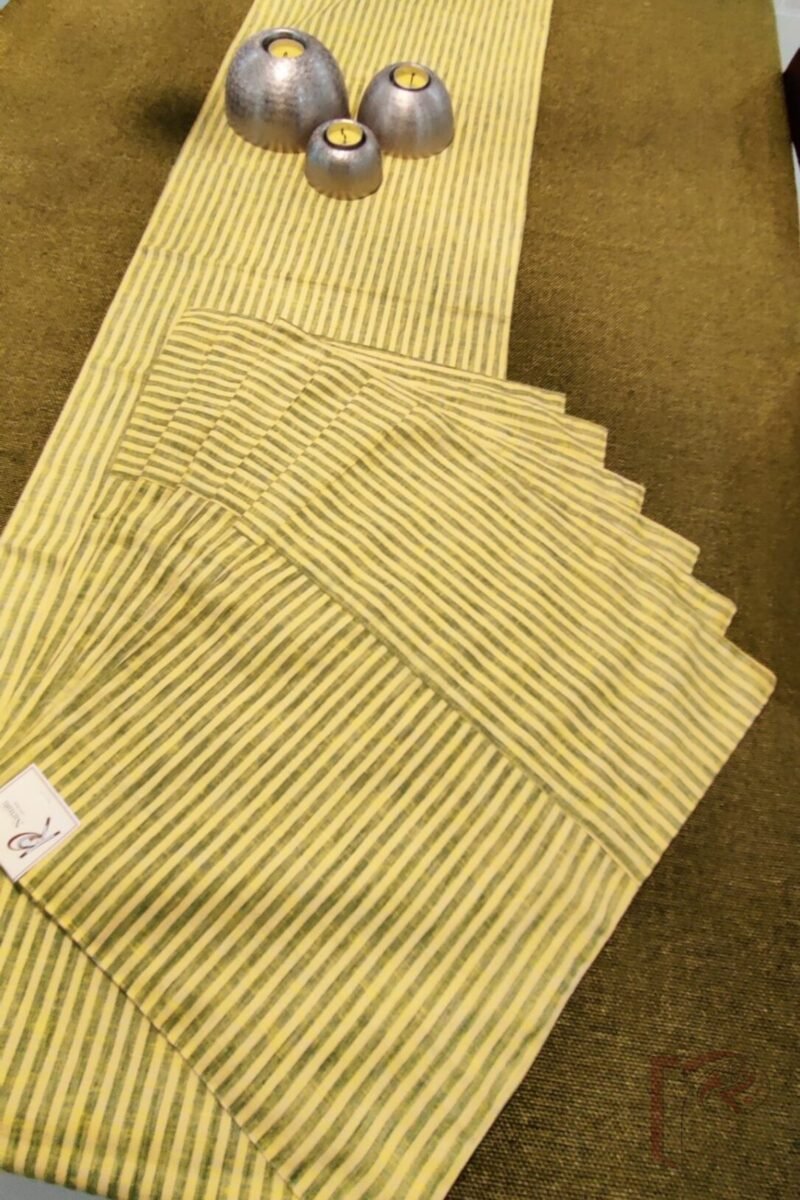 Rustic Runners - Lemon Yellow and Green Pinstripe Cotton Linen Table Runner Set – 6 Mats and 1 Runner - Image 2