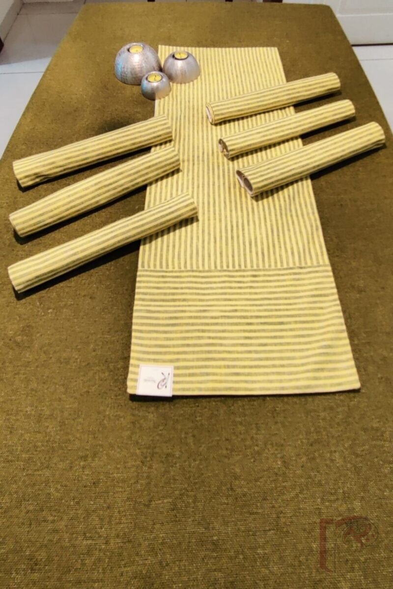 Rustic Runners - Lemon Yellow and Green Pinstripe Cotton Linen Table Runner Set – 6 Mats and 1 Runner - Image 3