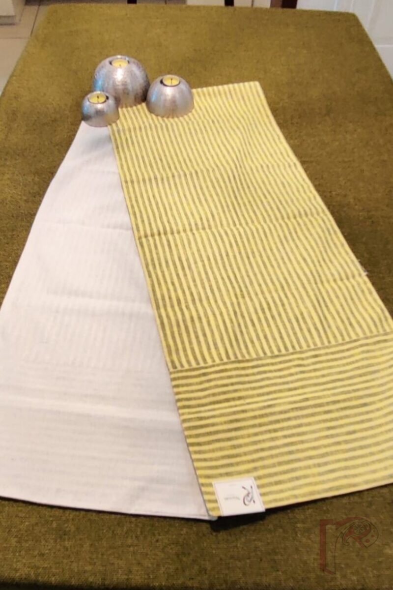 Rustic Runners - Lemon Yellow and Green Pinstripe Cotton Linen Table Runner Set – 6 Mats and 1 Runner - Image 4