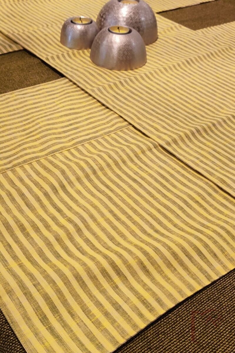 Rustic Runners - Lemon Yellow and Green Pinstripe Cotton Linen Table Runner Set – 6 Mats and 1 Runner - Image 5