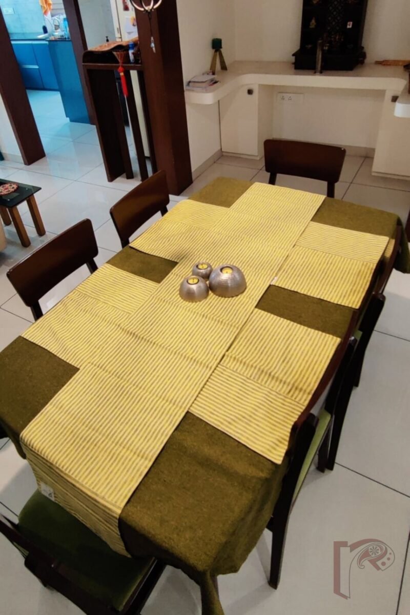 Rustic Runners - Lemon Yellow and Green Pinstripe Cotton Linen Table Runner Set – 6 Mats and 1 Runner