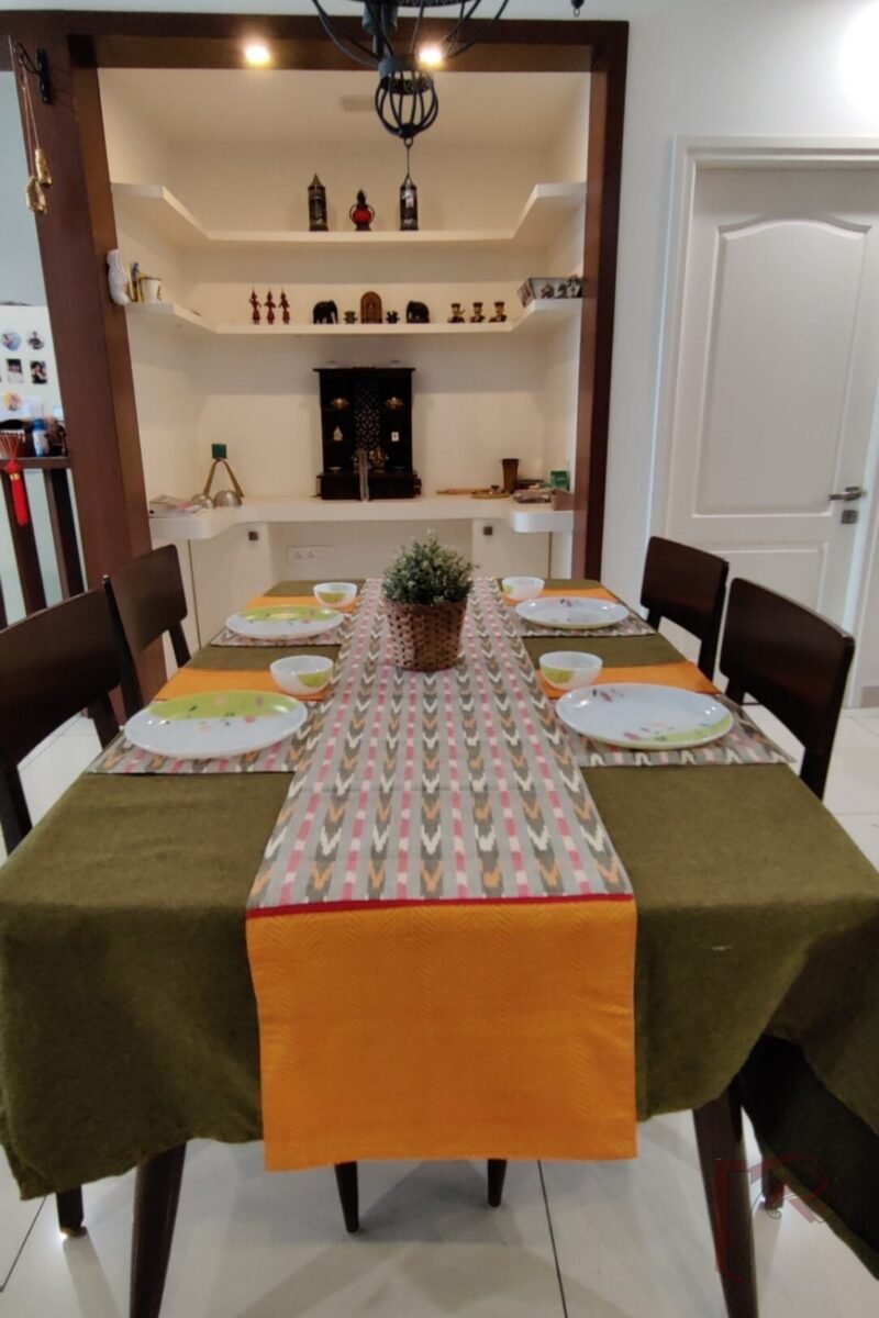 Rustic Runners - Orange and Dull Green Mangalgiri Cotton Table Runner Set with Red Ikat Detail – 6 Mats and 1 Runner - Image 2