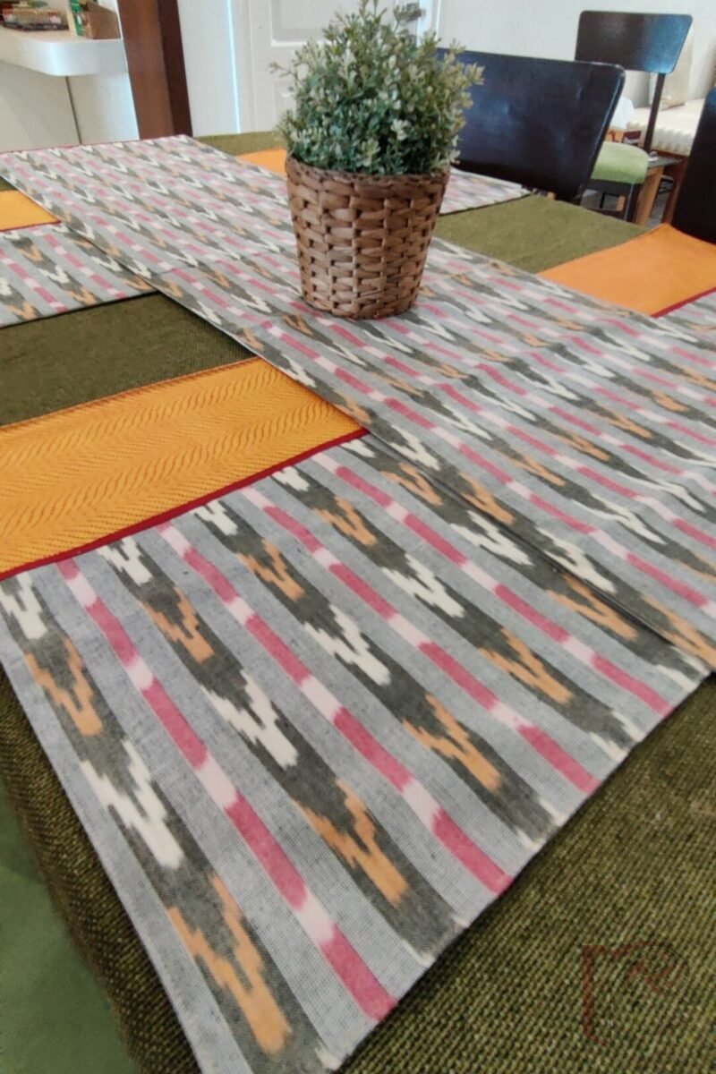 Rustic Runners - Orange and Dull Green Mangalgiri Cotton Table Runner Set with Red Ikat Detail – 6 Mats and 1 Runner - Image 3