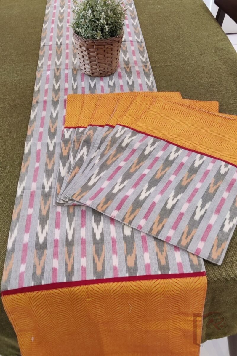 Rustic Runners - Orange and Dull Green Mangalgiri Cotton Table Runner Set with Red Ikat Detail – 6 Mats and 1 Runner - Image 4
