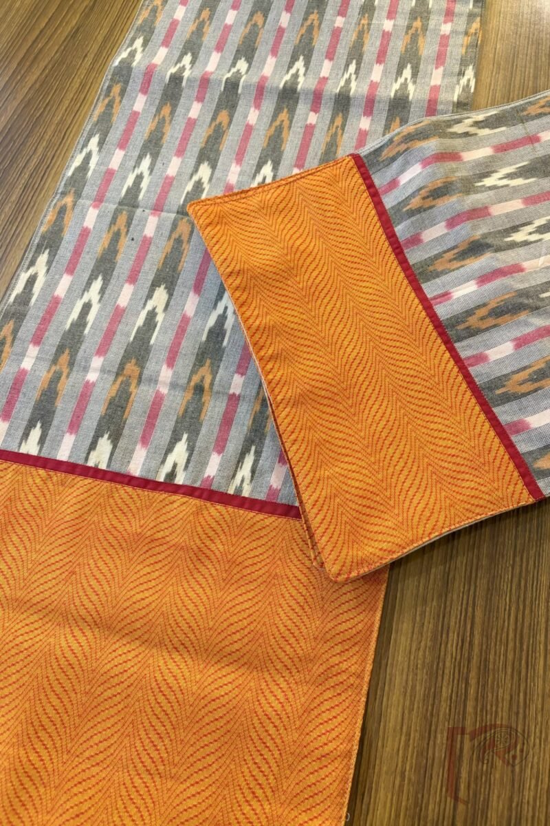 Rustic Runners - Orange and Dull Green Mangalgiri Cotton Table Runner Set with Red Ikat Detail – 6 Mats and 1 Runner - Image 6