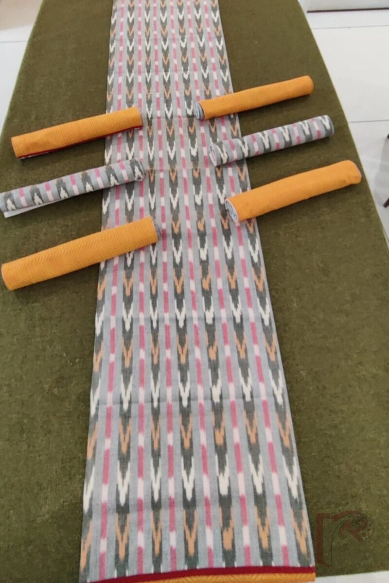 Rustic Runners - Orange and Dull Green Mangalgiri Cotton Table Runner Set with Red Ikat Detail – 6 Mats and 1 Runner - Image 7