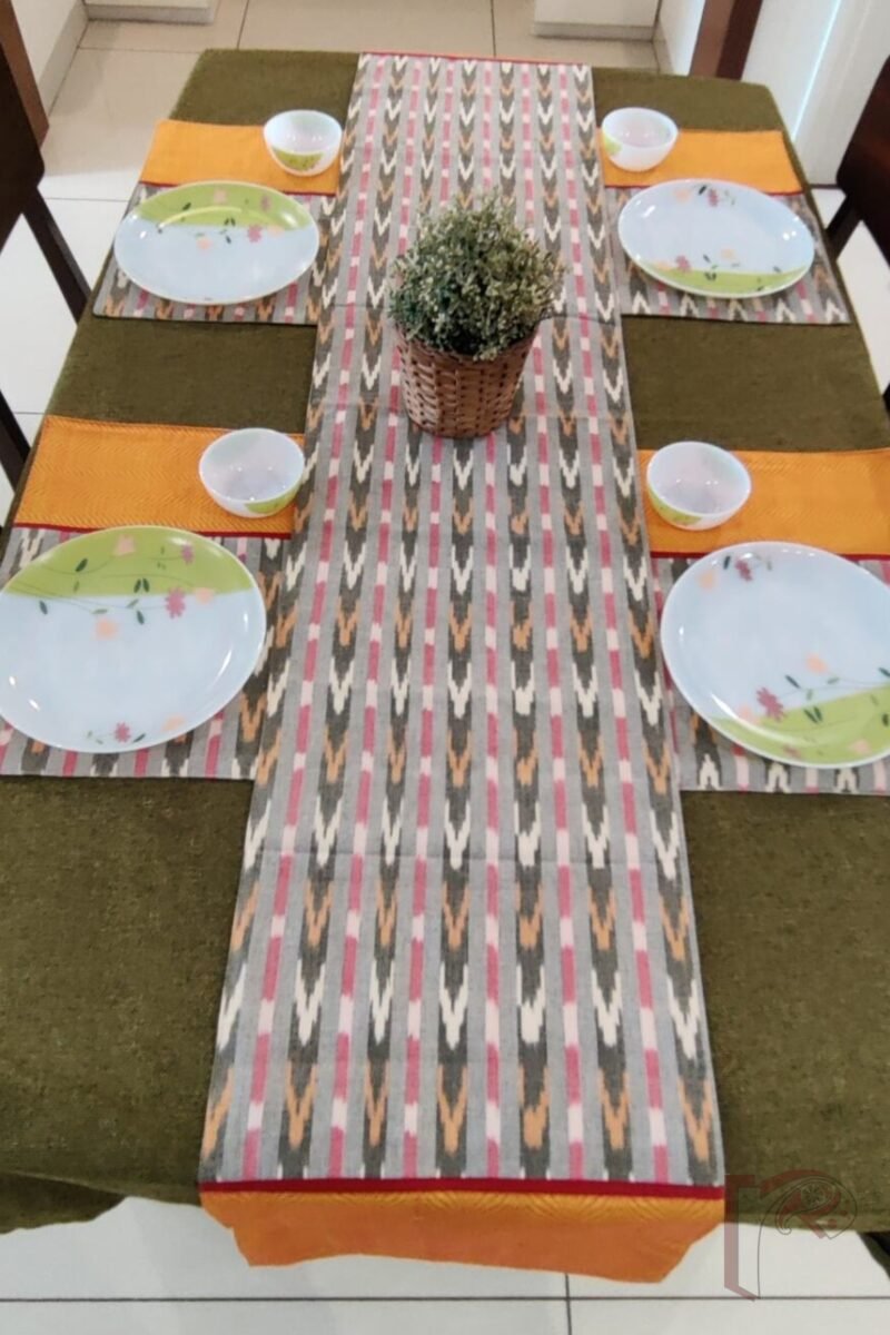 Rustic Runners - Orange and Dull Green Mangalgiri Cotton Table Runner Set with Red Ikat Detail – 6 Mats and 1 Runner