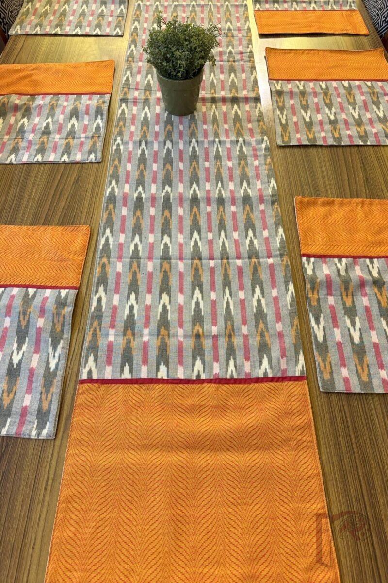 Rustic Runners - Orange and Dull Green Mangalgiri Cotton Table Runner Set with Red Ikat Detail – 6 Mats and 1 Runner - Image 9