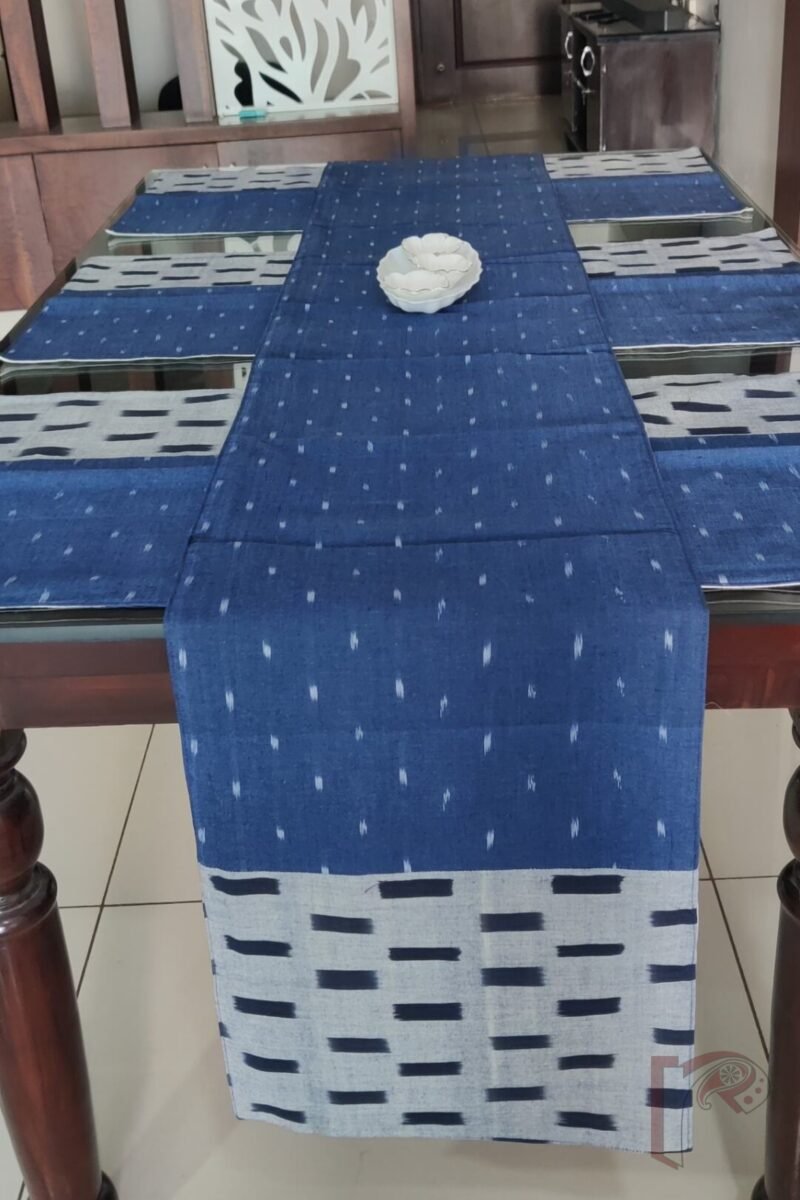 Rustic Runners - Navy Blue and Grey Ikat Cotton Table Runner Set with Rectangular Dash Patterns – 6 Mats and 1 Runner - Image 2