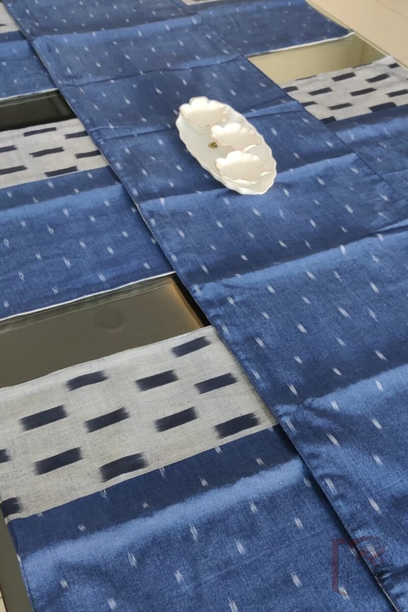 Rustic Runners - Navy Blue and Grey Ikat Cotton Table Runner Set with Rectangular Dash Patterns – 6 Mats and 1 Runner - Image 3