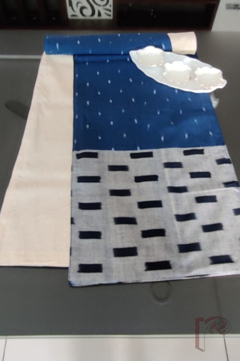 Rustic Runners - Navy Blue and Grey Ikat Cotton Table Runner Set with Rectangular Dash Patterns – 6 Mats and 1 Runner - Image 4