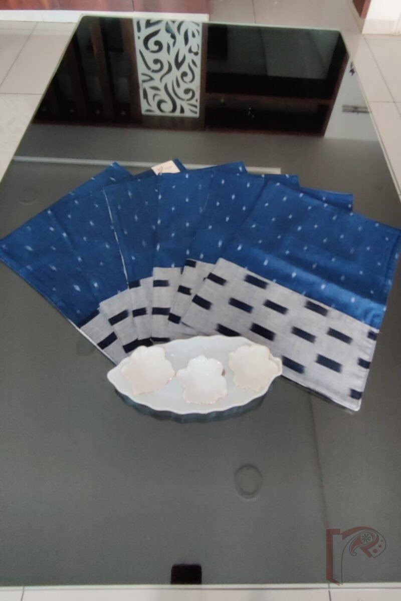 Rustic Runners - Navy Blue and Grey Ikat Cotton Table Runner Set with Rectangular Dash Patterns – 6 Mats and 1 Runner - Image 5