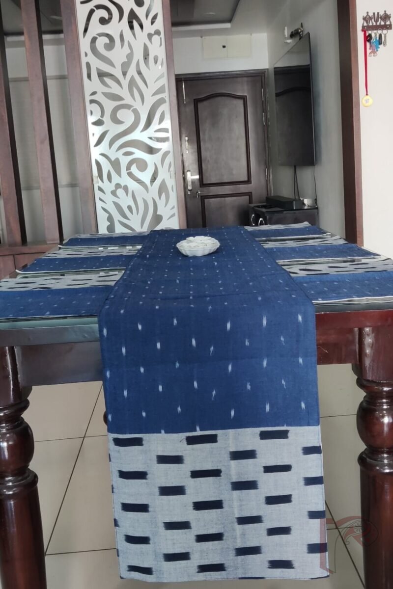 Rustic Runners - Navy Blue and Grey Ikat Cotton Table Runner Set with Rectangular Dash Patterns – 6 Mats and 1 Runner - Image 8
