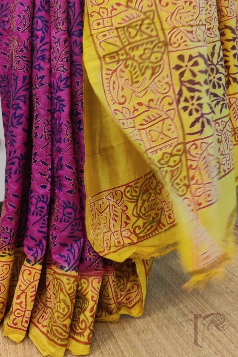 Kantha Keepsakes - Hot Pink and Yellow Block Print Kantha Embroidered Tussar Silk Saree - Image 2