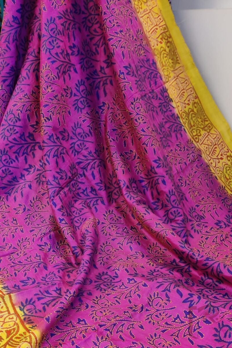 Kantha Keepsakes - Hot Pink and Yellow Block Print Kantha Embroidered Tussar Silk Saree - Image 3