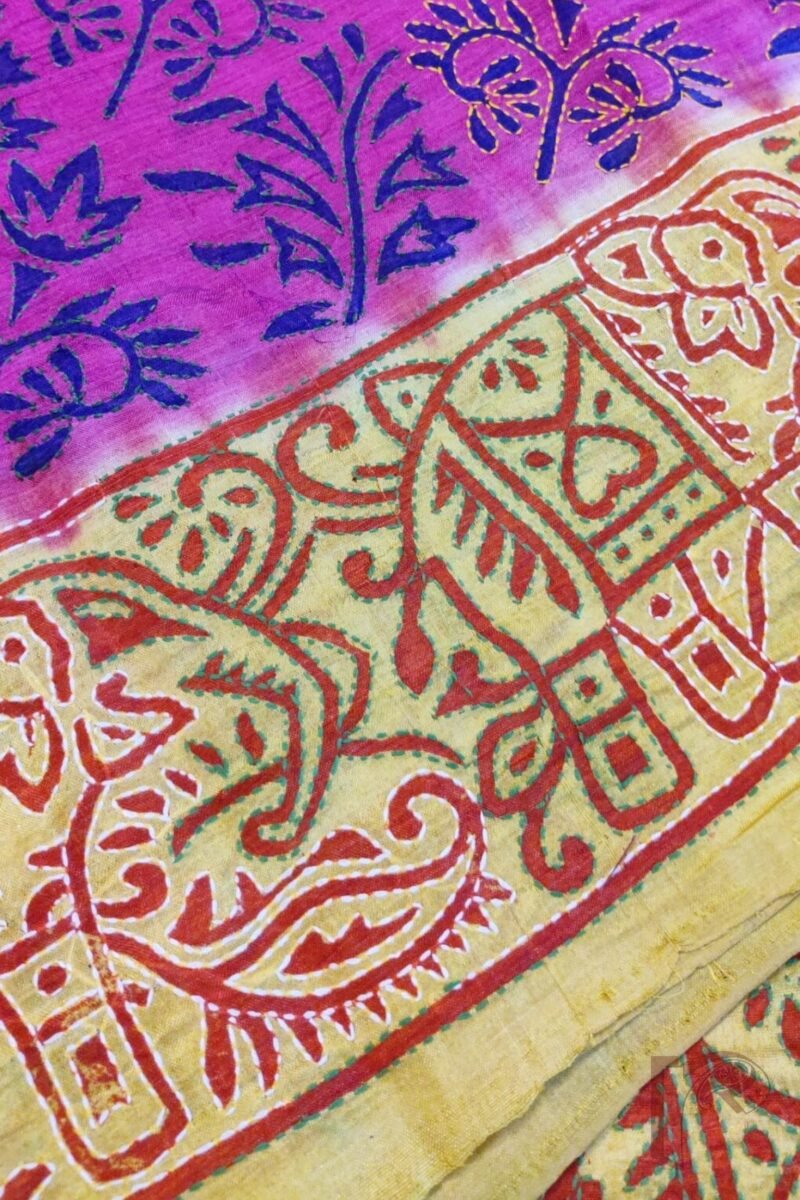 Kantha Keepsakes - Hot Pink and Yellow Block Print Kantha Embroidered Tussar Silk Saree - Image 4