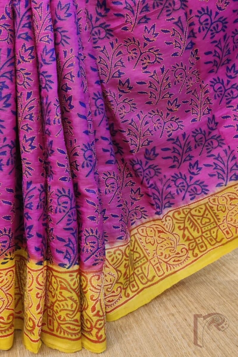 Kantha Keepsakes - Hot Pink and Yellow Block Print Kantha Embroidered Tussar Silk Saree - Image 5