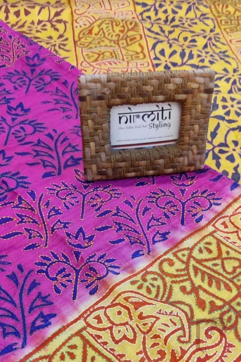 Kantha Keepsakes - Hot Pink and Yellow Block Print Kantha Embroidered Tussar Silk Saree - Image 6