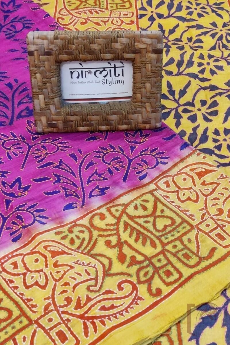 Kantha Keepsakes - Hot Pink and Yellow Block Print Kantha Embroidered Tussar Silk Saree - Image 7