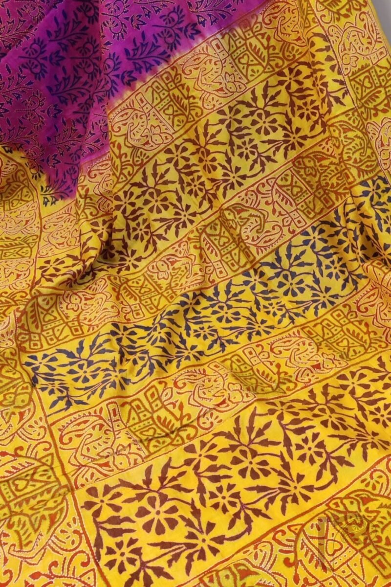Kantha Keepsakes - Hot Pink and Yellow Block Print Kantha Embroidered Tussar Silk Saree - Image 8