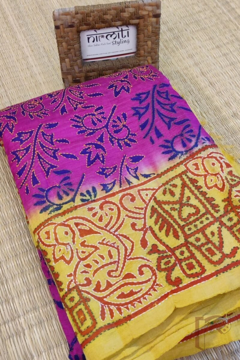 Kantha Keepsakes - Hot Pink and Yellow Block Print Kantha Embroidered Tussar Silk Saree