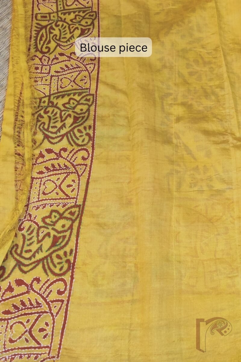 Kantha Keepsakes - Hot Pink and Yellow Block Print Kantha Embroidered Tussar Silk Saree - Image 9