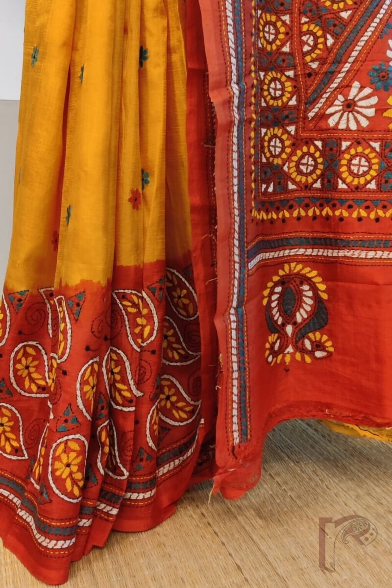 Kantha Keepsakes - Mango Yellow and Tomato Red Mango Motif Embroidered Tussar Silk Saree - Image 2