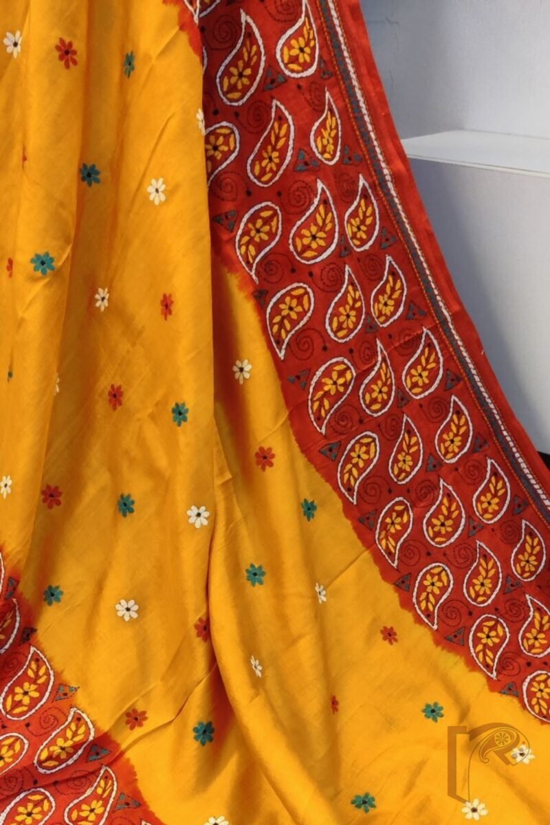 Kantha Keepsakes - Mango Yellow and Tomato Red Mango Motif Embroidered Tussar Silk Saree - Image 3