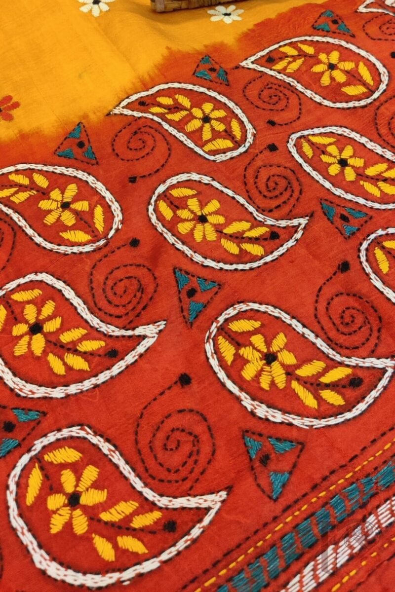 Kantha Keepsakes - Mango Yellow and Tomato Red Mango Motif Embroidered Tussar Silk Saree - Image 4