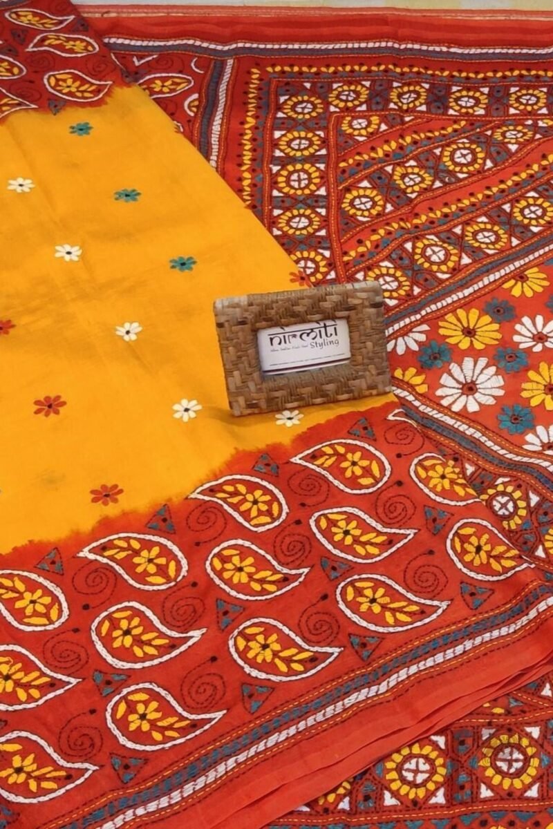 Kantha Keepsakes - Mango Yellow and Tomato Red Mango Motif Embroidered Tussar Silk Saree - Image 5