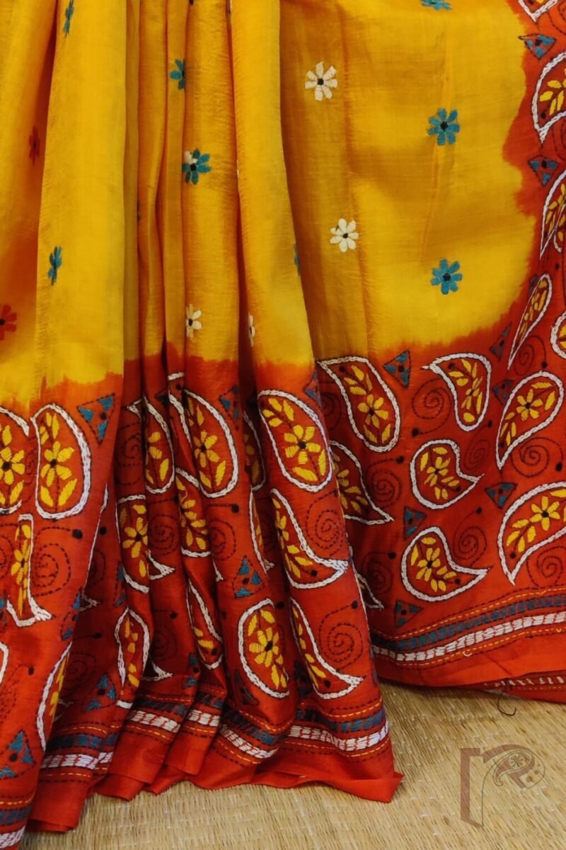 Kantha Keepsakes - Mango Yellow and Tomato Red Mango Motif Embroidered Tussar Silk Saree - Image 6