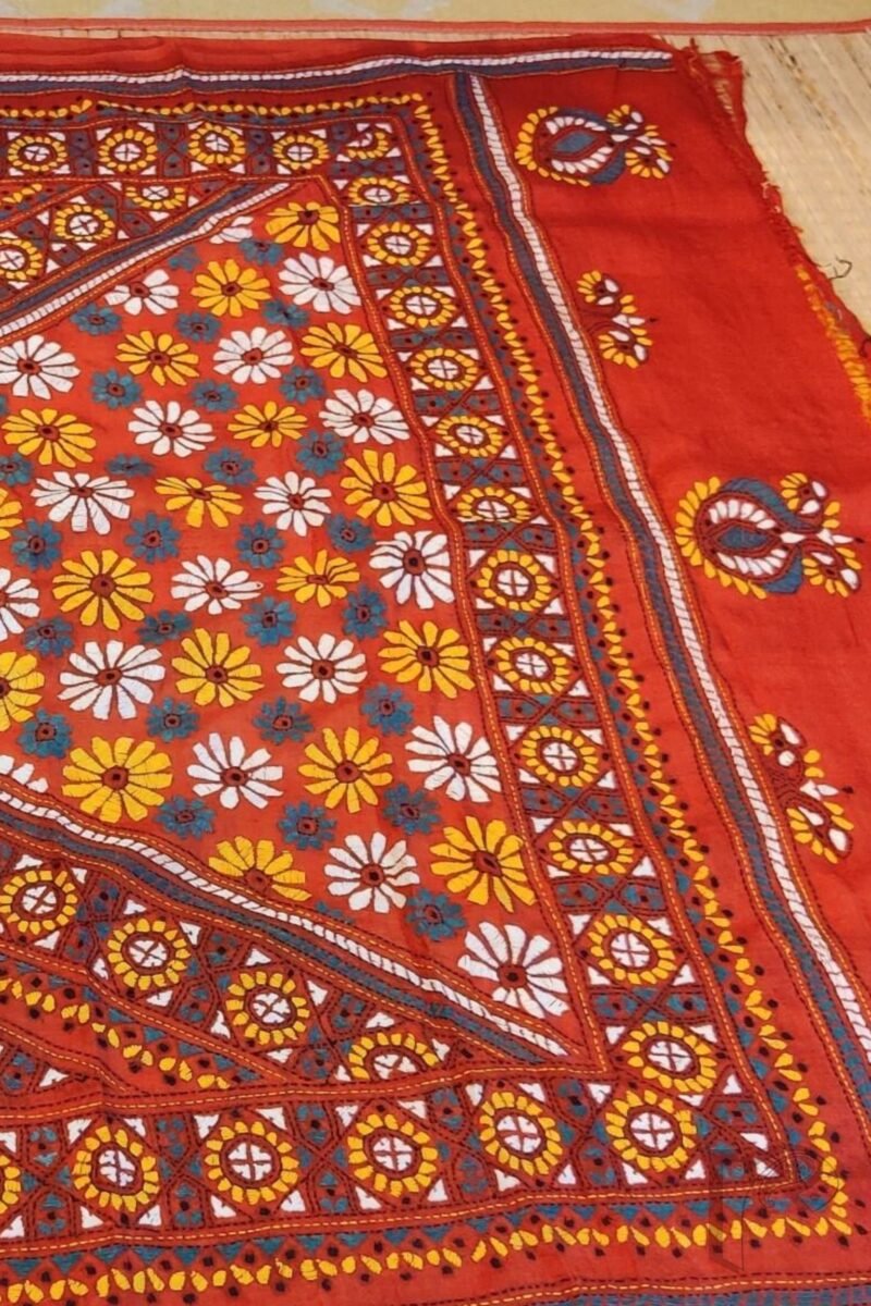 Kantha Keepsakes - Mango Yellow and Tomato Red Mango Motif Embroidered Tussar Silk Saree - Image 7